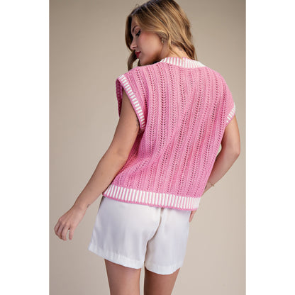 Pink Stripe Sleeveless Button-Down Sweater Vest 9677