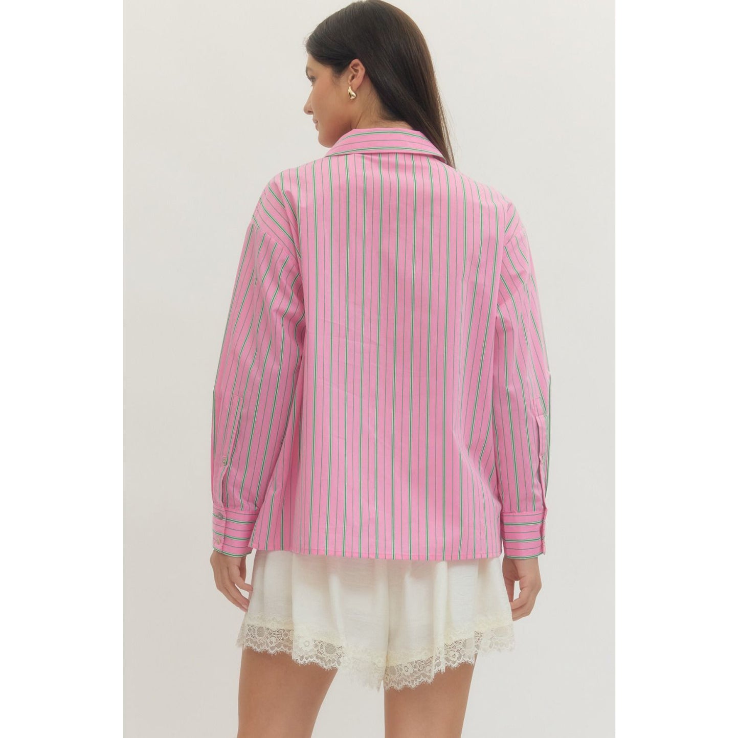 Entro - Striped, Long Sleeve Button Up Top 0121 - Pink