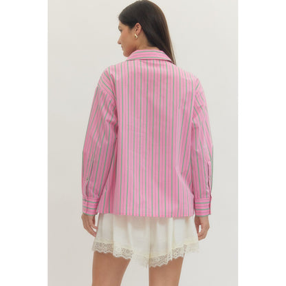 Entro - Striped, Long Sleeve Button Up Top 0121 - Pink
