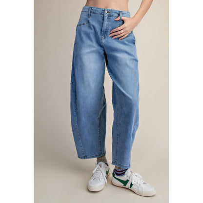 Washed Denim Barrel Jeans | Stretch Relaxed Fit - Washed Denim