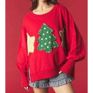 Tweed Christmas Patch Sweatshirt 1218 – Red