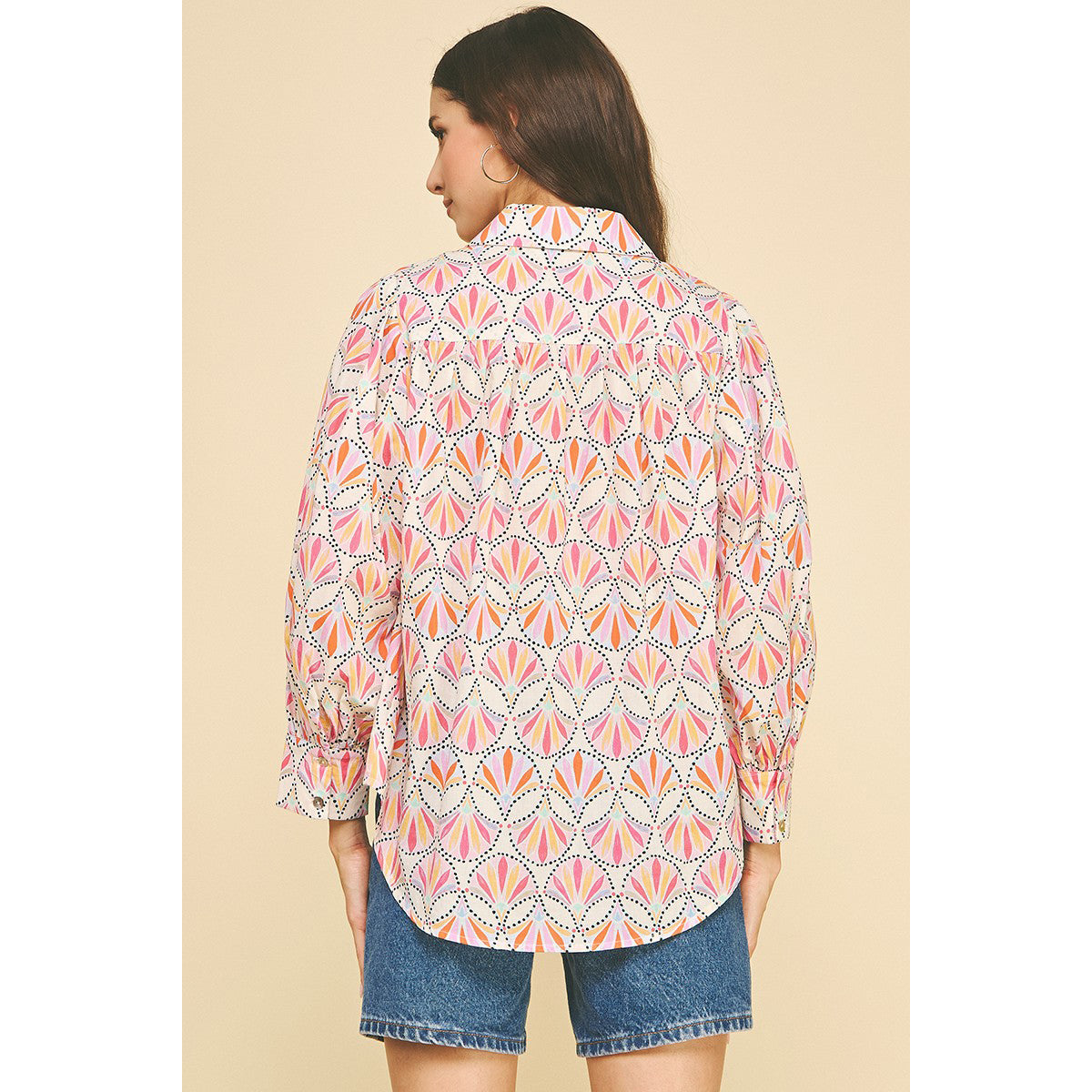Pinch -  Printed, Button Down Shirt Top 5374 - Pink Multi