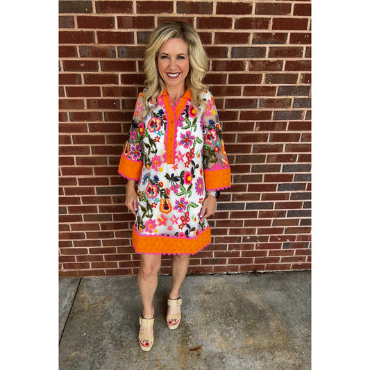 SS - St. Tropez, Embroidered Shift Dress - Multi Color - SALE