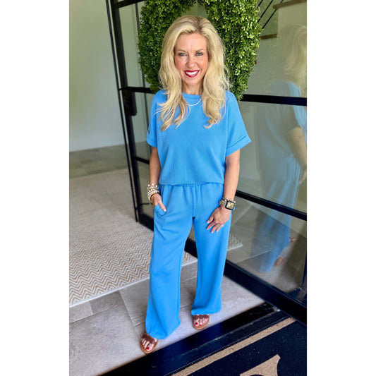 Luxe Sand Wash Rib Lounge Tee & Wide Leg Pant Set 5626 / 5378 – Denim Drift