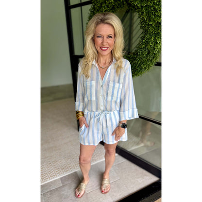Helena Striped Airy Gauze Button Up – Sea Salt (Pairs with Daylight Shorts)