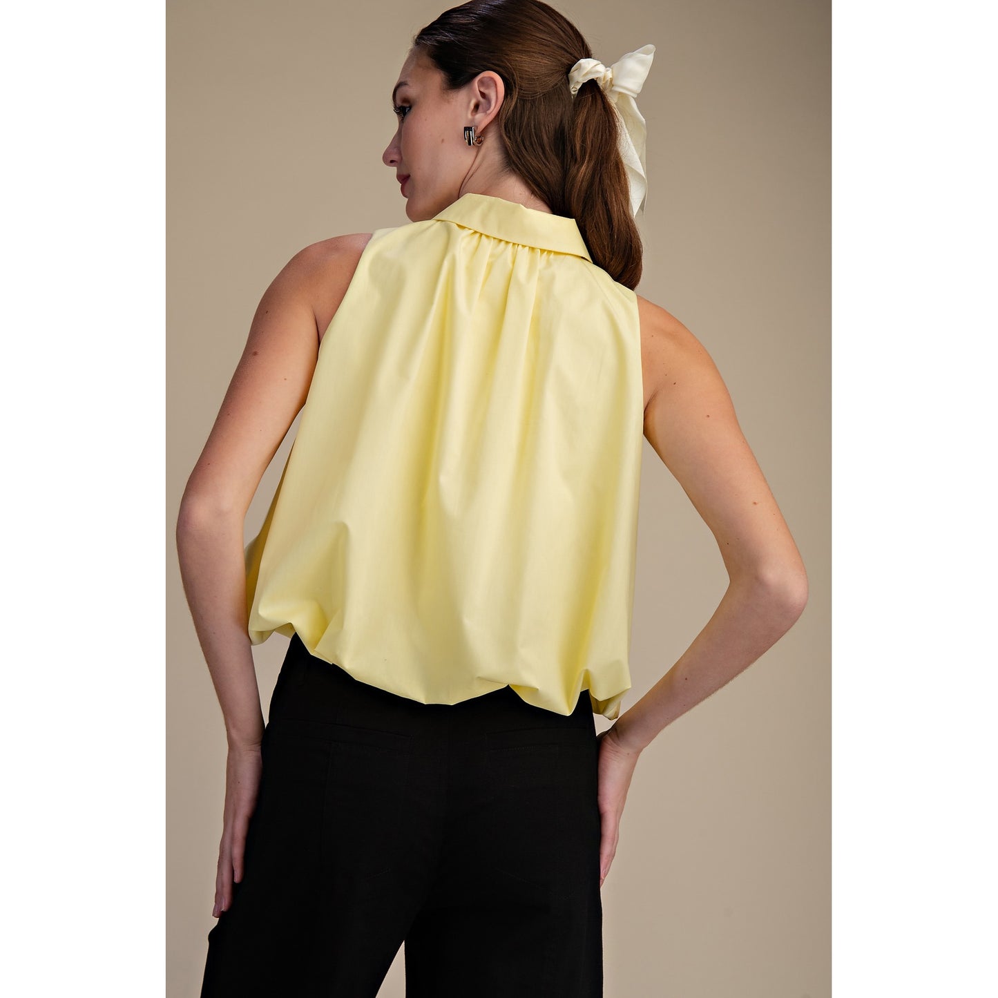 Bubble Hem Sleeveless Blouse – Butter Yellow Collared Flowy Top 9649