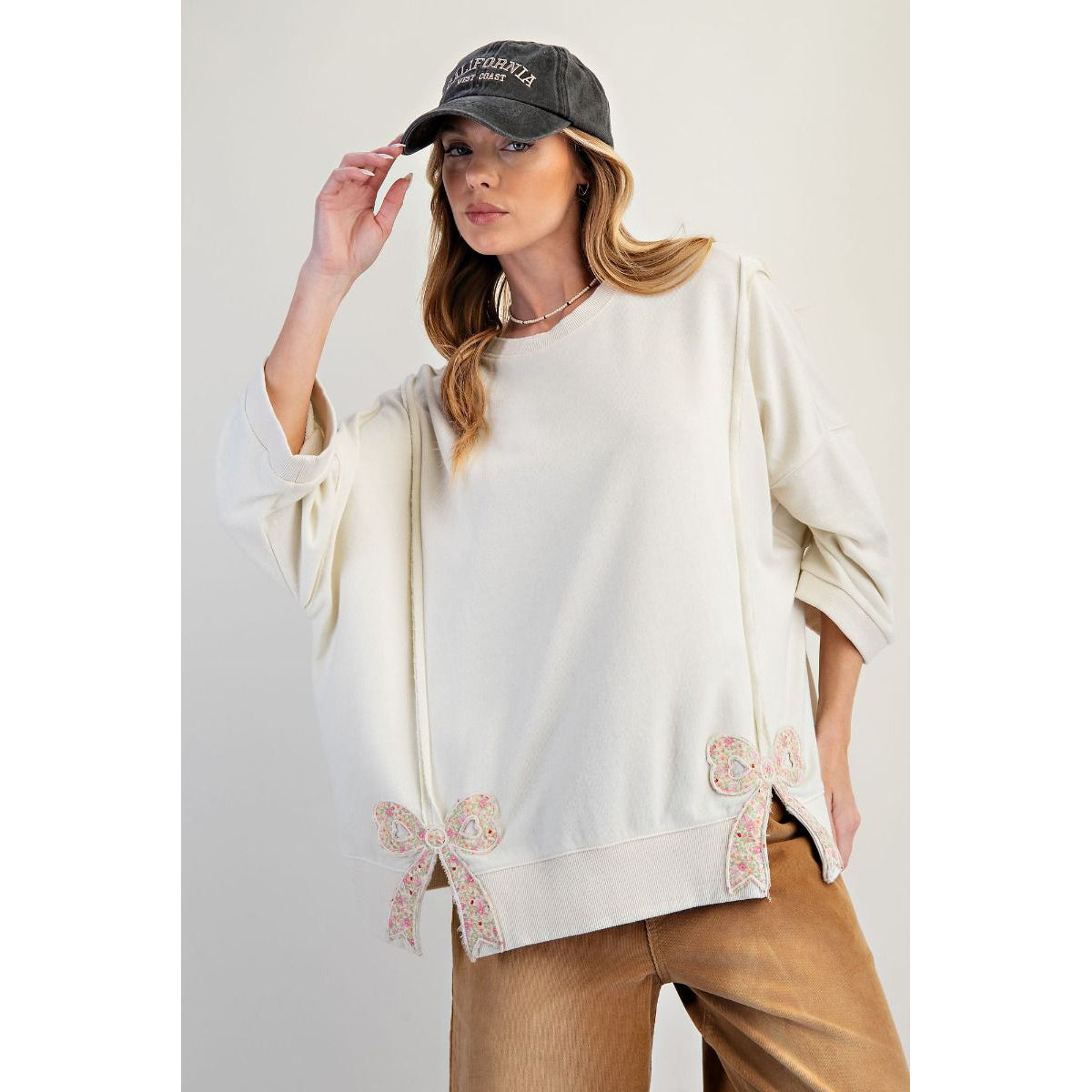 Easel - Bow Patch, Oversized, Washed, Terry Pullover Sweater Top 8101 - Cream