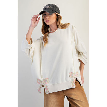 Easel - Bow Patch, Oversized, Washed, Terry Pullover Sweater Top 8101 - Cream