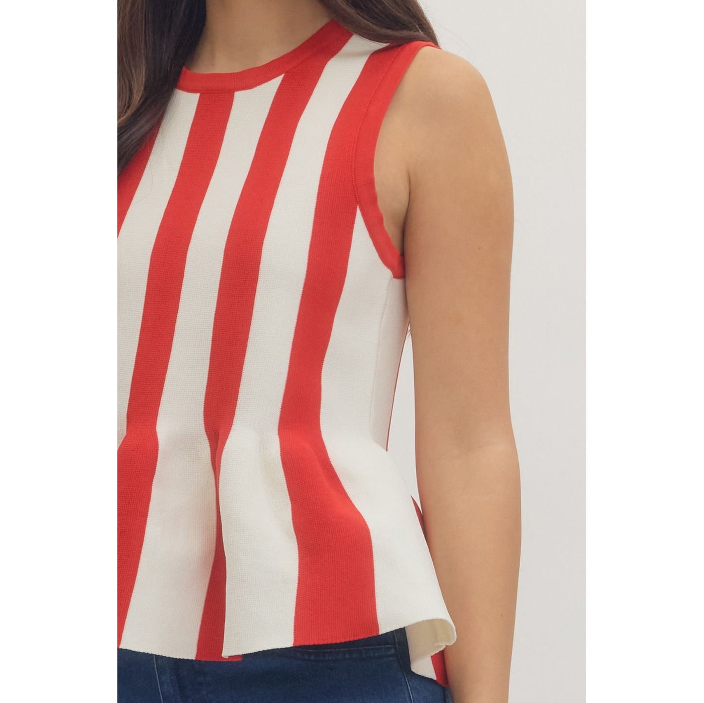Red & White Striped Sleeveless Peplum Top – Knit Tank 1153