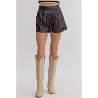 ENTRO -  Metallic Texture, High Waisted Shorts w Pockets 1952 - Black