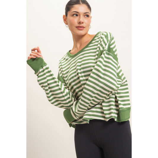 Striped Open Back Long Sleeve Top 908 – Green