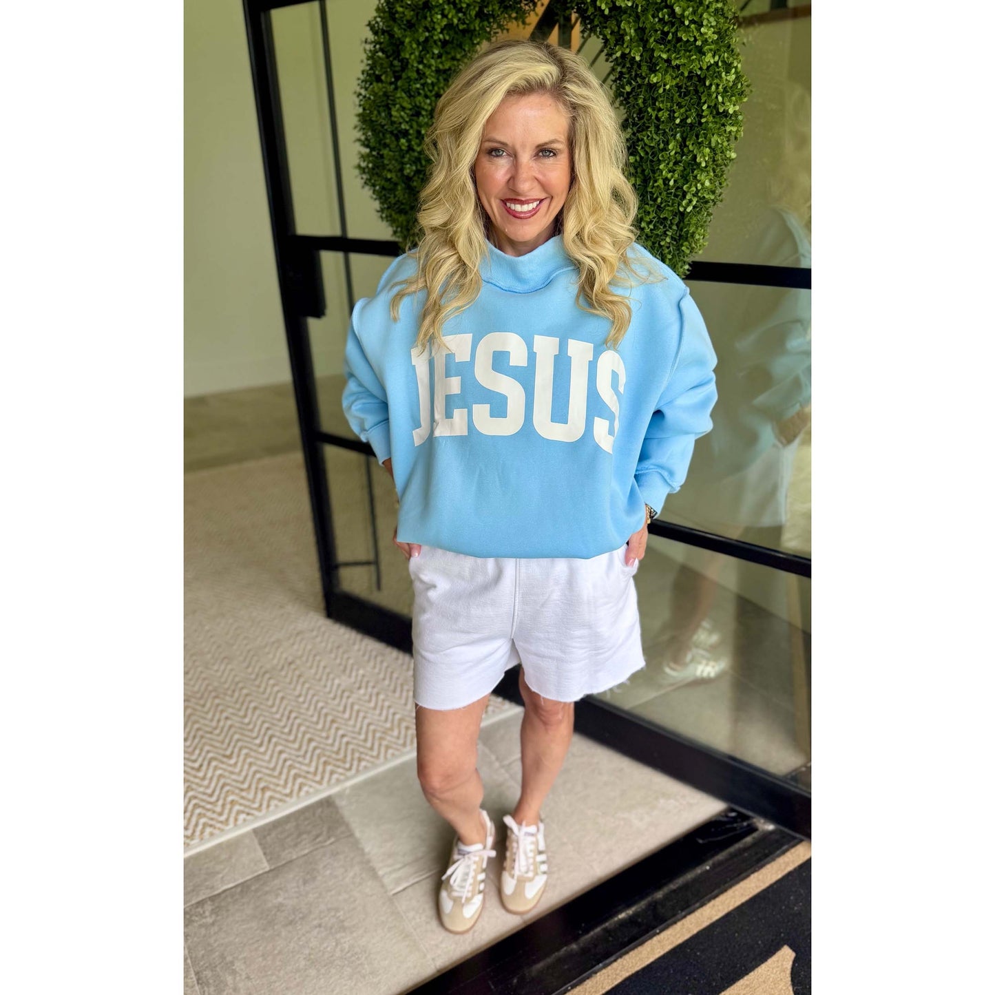 Jesus / God is Good Reversible Mockneck Sweatshirt – Blue