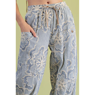 Easel - Striped, Embroidered, Relax Fit Pants w Pockets 0018 - Denim Blue