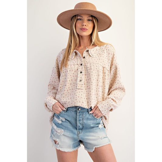 EL - Floral Print, Thermal Washed Top 7243 - Ecru