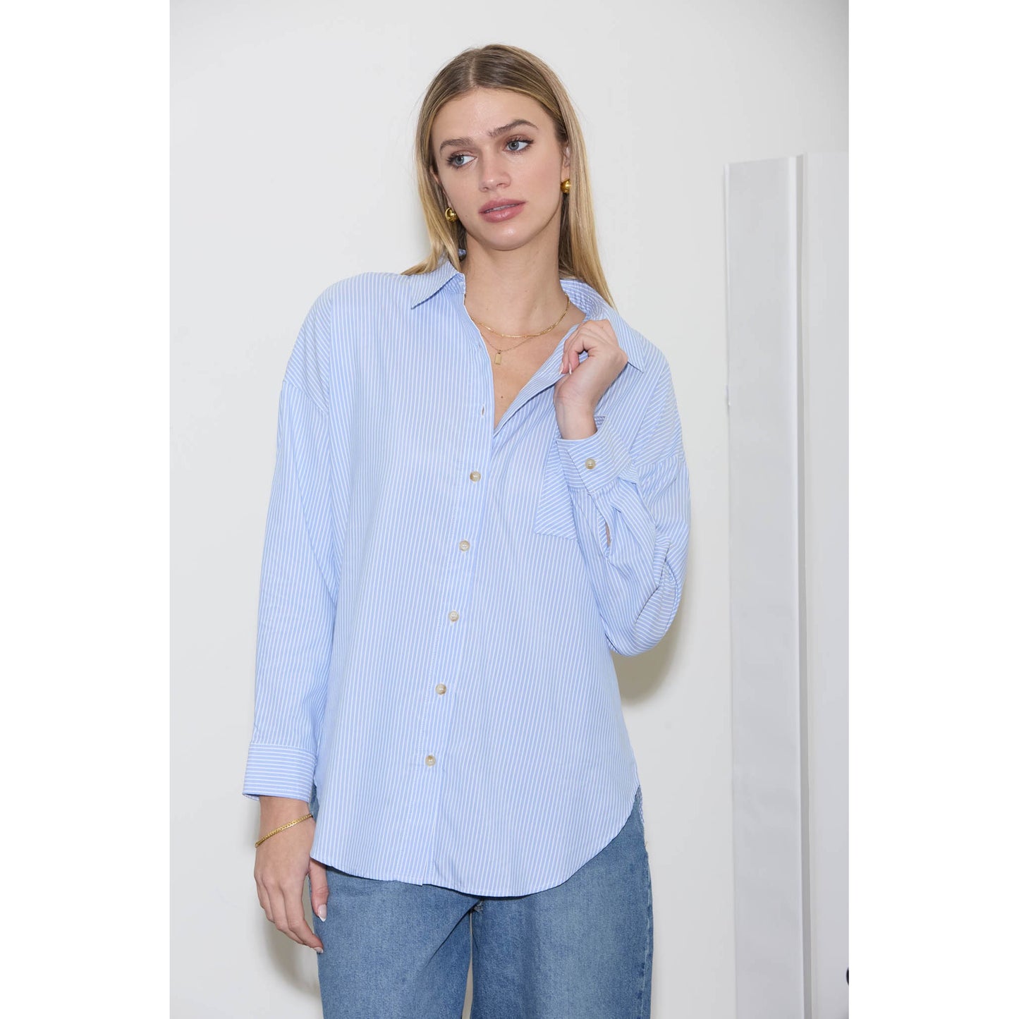 BP - Striped, Long Sleeve Collared, Shirt Top 2118 - Blue