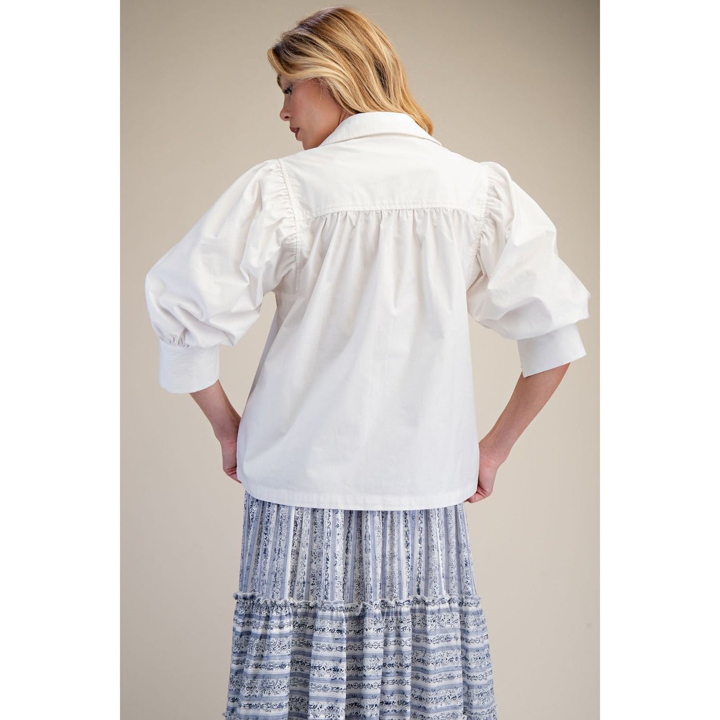 Easel - Short Sleeve, Puff Sleeve Button Down Top 9047 - White