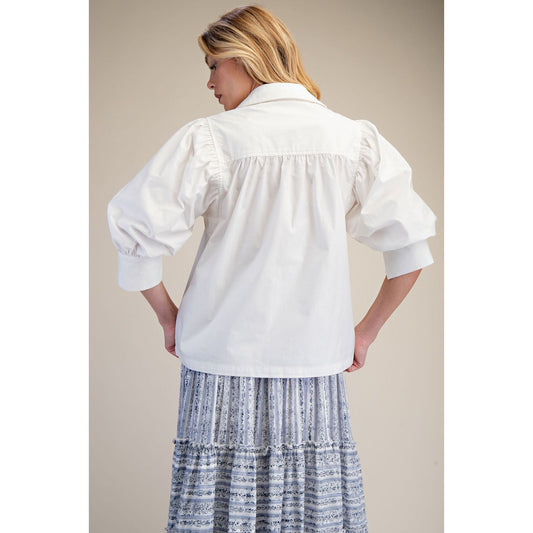 Easel - Short Sleeve, Puff Sleeve Button Down Top 9047 - White