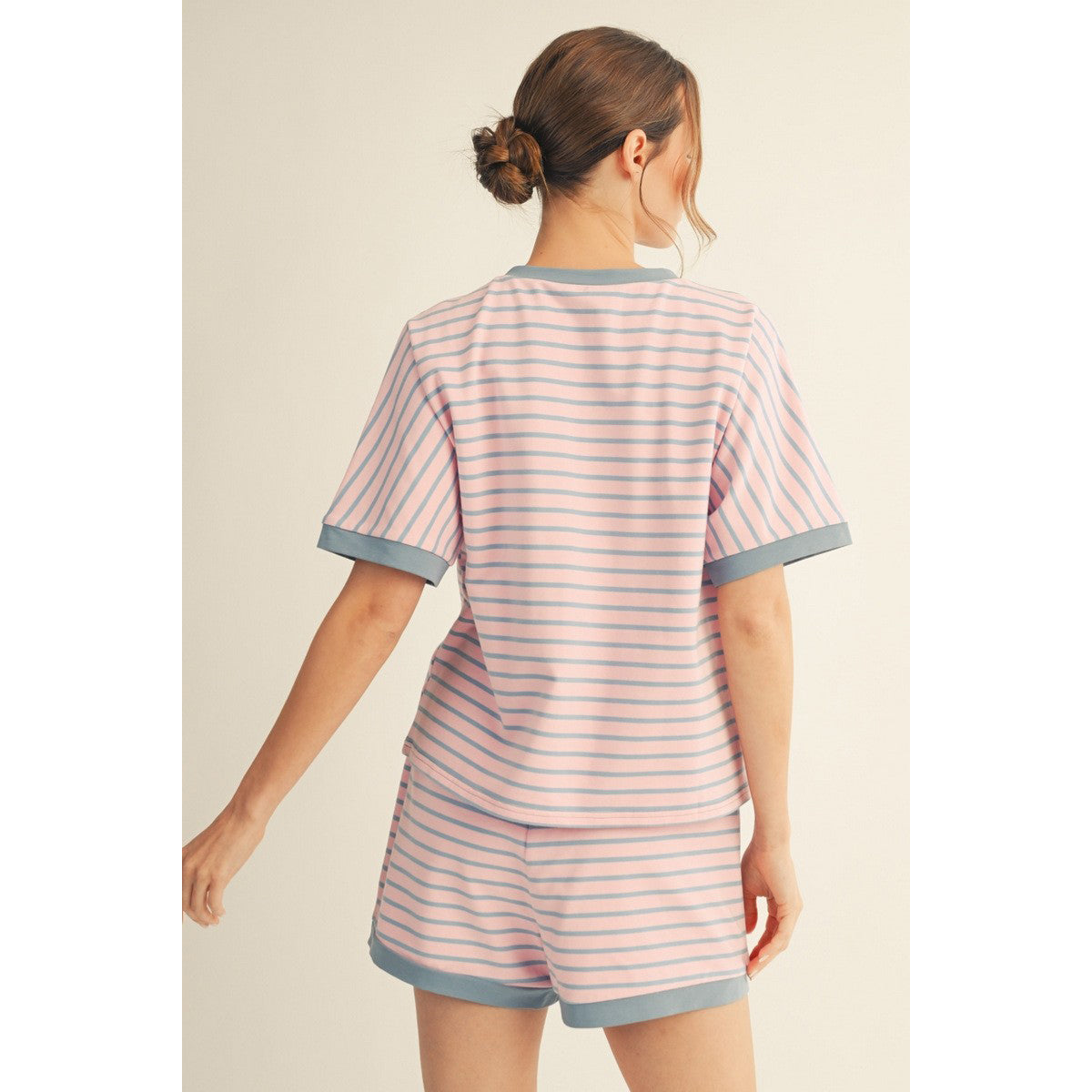 JL - Short Sleeve, Striped Top & Drawstring Shorts Set 5354 - Pink