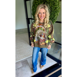 Queen of Sparkles - Sequin Turkey & Fall Leaves Sweatshirt – Olive Green