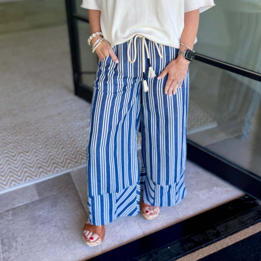 Blueberry Stripe Linen Washed Palazzo Pants 0246