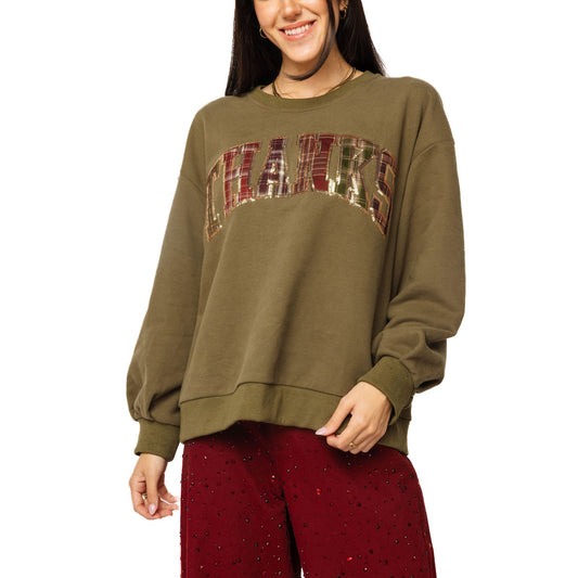 Queen of Sparkles - Brown Plaid “THANKS” Sweatshirt