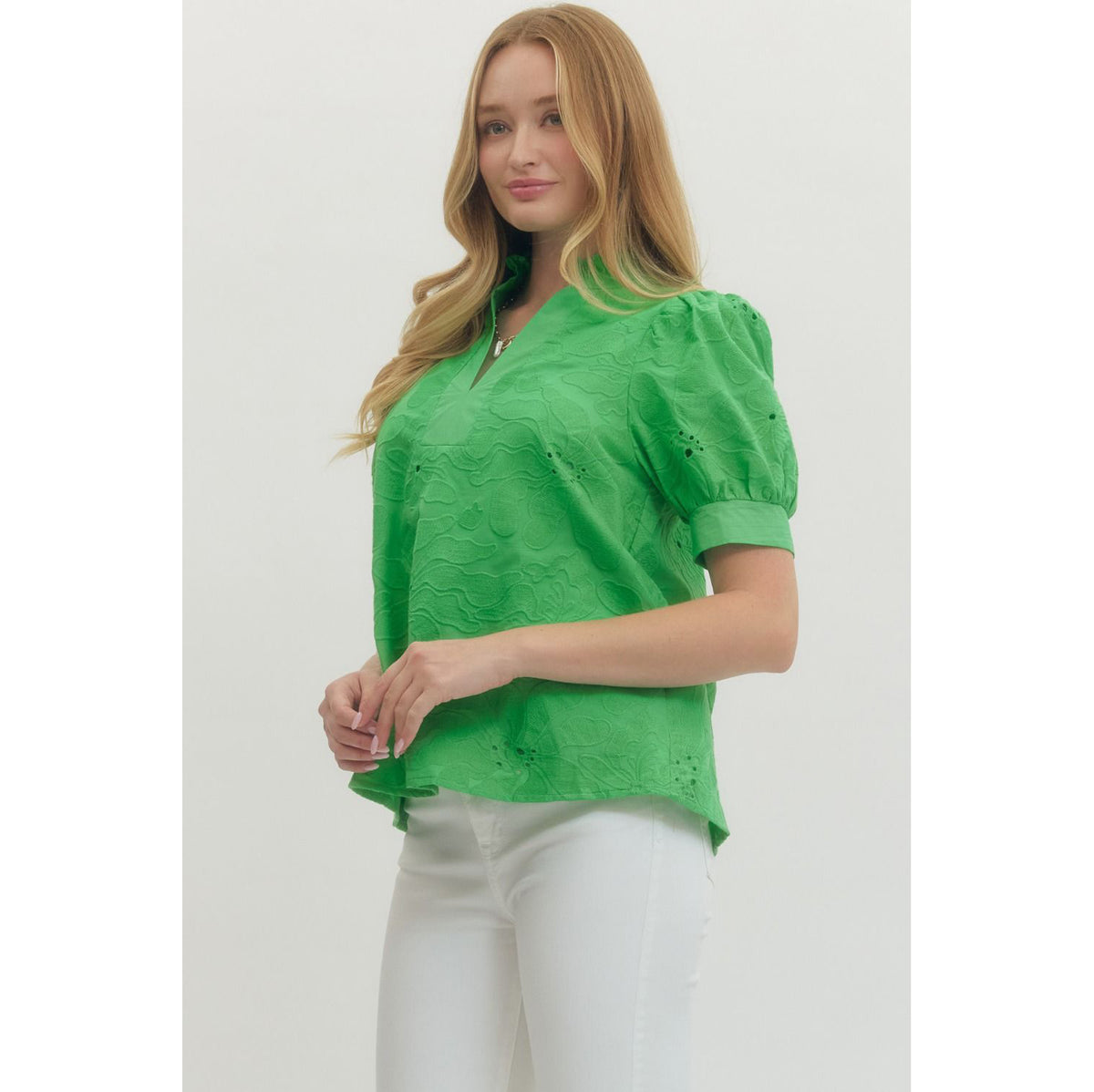 EL - Floral, Embroidered, Short Puff Sleeve Top 6825 - Green