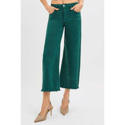 Risen - Tummy Control, High Rise, Crop Wide Jeans 5506 - Hunter Green - SALE