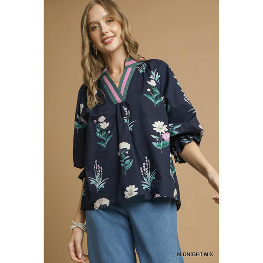 Umgee - Floral, Contrast Trim Top 5435 - Midnight SALE was $44.95