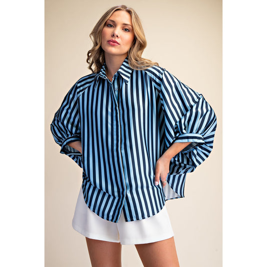 Oversized Blue Stripe Button Down Shirt with Balloon Dolman Sleeves 8932