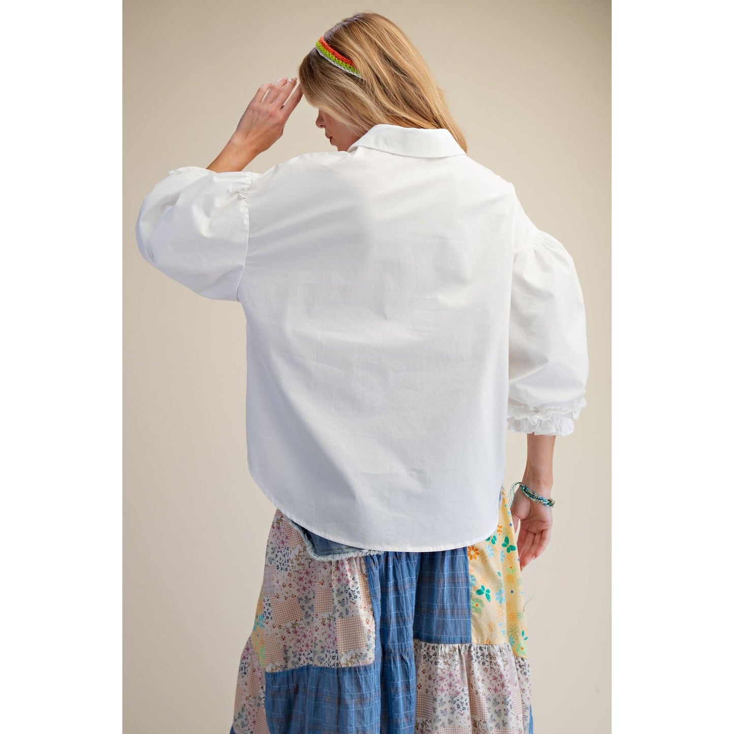 Easel 3/4 Sleeve Balloon Sleeve Poplin Button Down Top – White