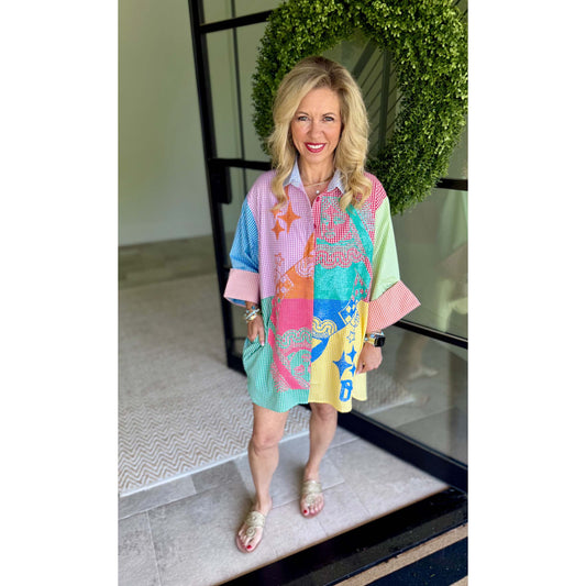 Queen of Sparkles - Colorblock, Gingham, Queen Card Logo, Button Up Tunic