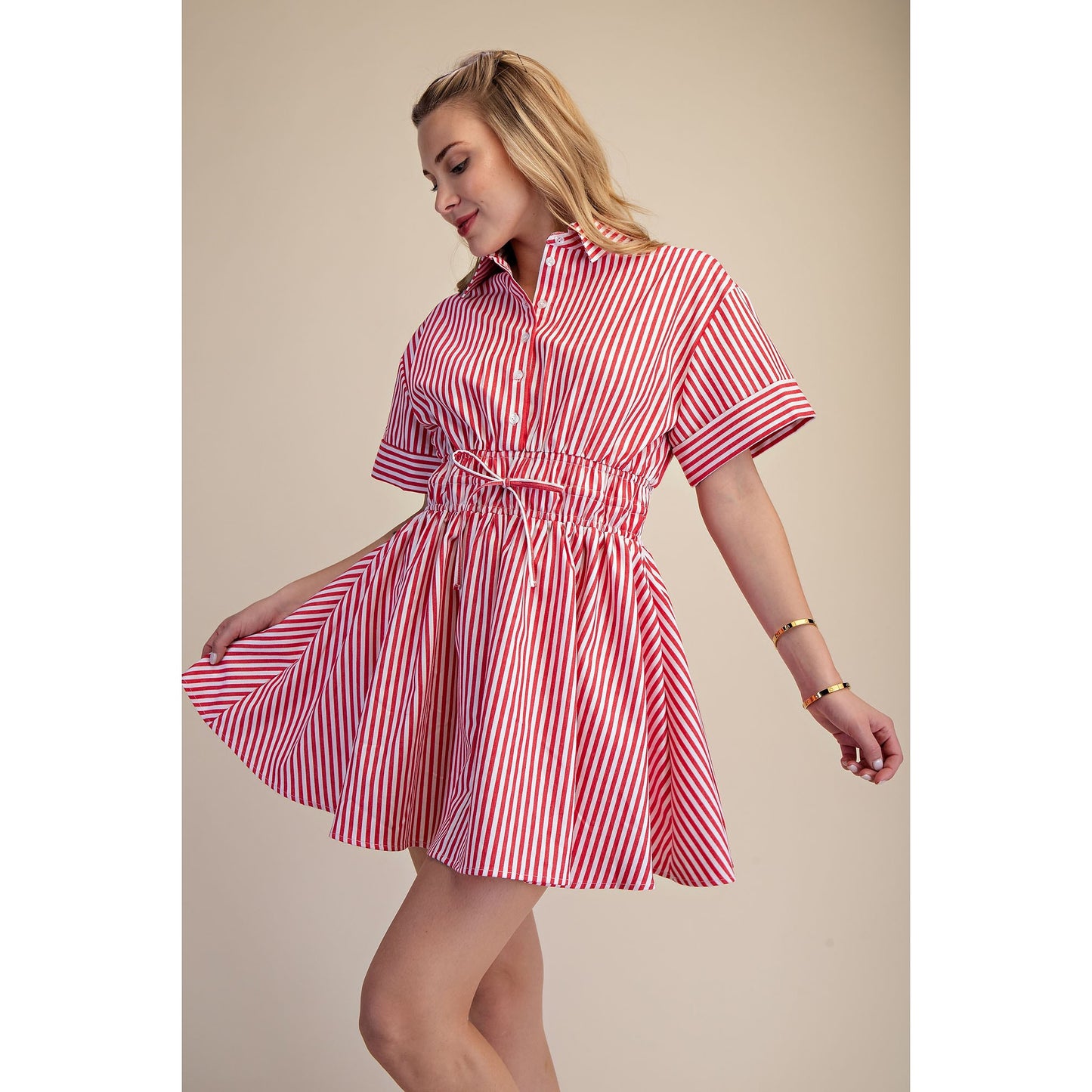 Red & White Stripe Shirt Dress – Cinched Waist Button Front Mini Dress 9648