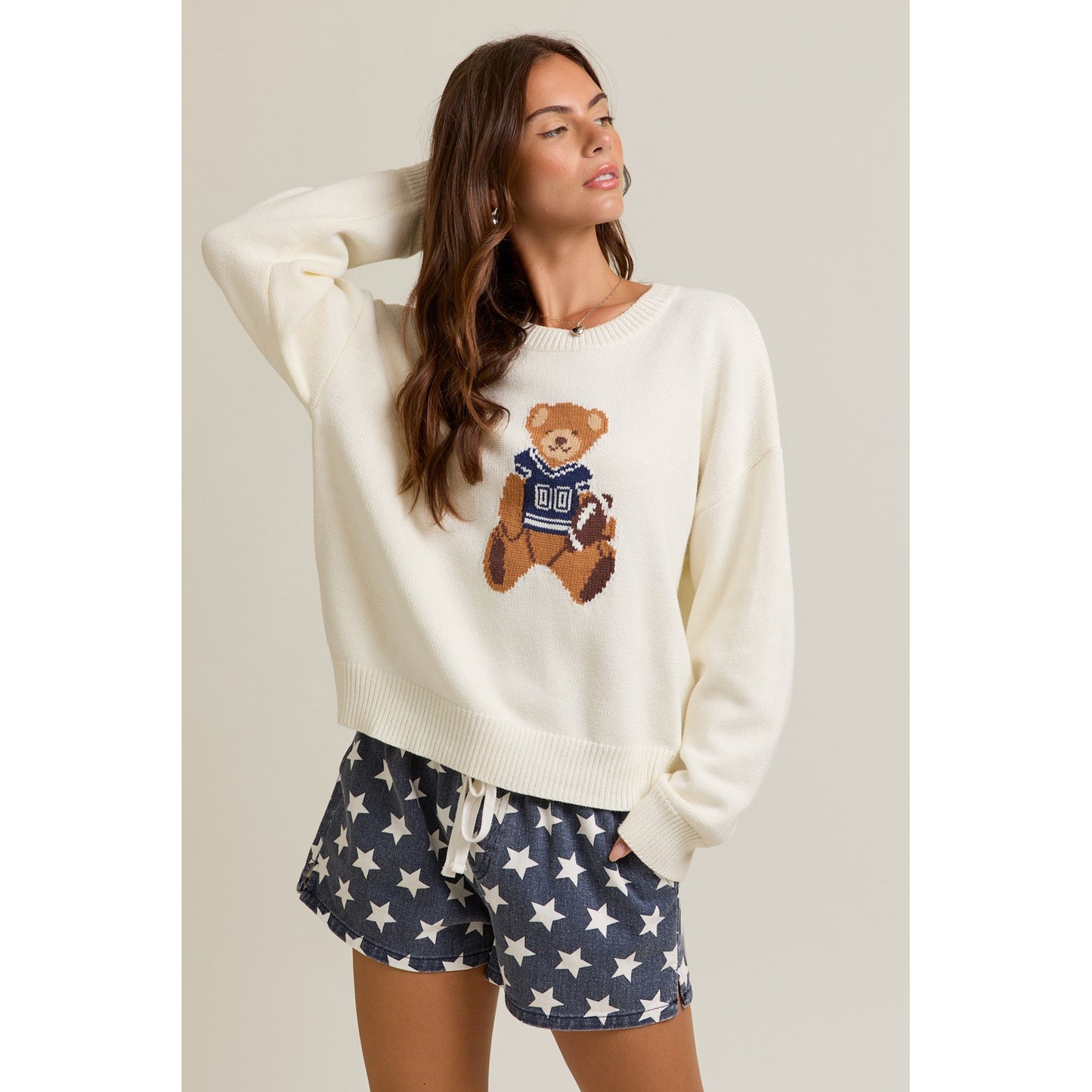 LL - Long Sleeve, Crew Neck, Teddy Bear Sweater 5160 - White / Navy