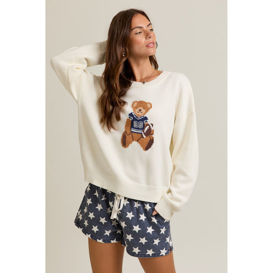 LL - Long Sleeve, Crew Neck, Teddy Bear Sweater 5160 - White / Navy