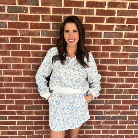 PL - Floral Printed, Fleece Terry, V-Neck, Crop Top & Shorts Set 0027 / 0029 - Light Blue