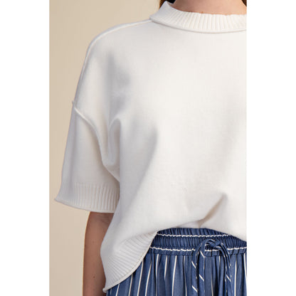 Ivory Crew Neck Sweater Top – Elbow Sleeve Knit 9968