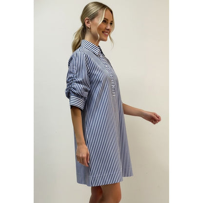 Blue Striped Pleated Sleeve Mini Dress 7062