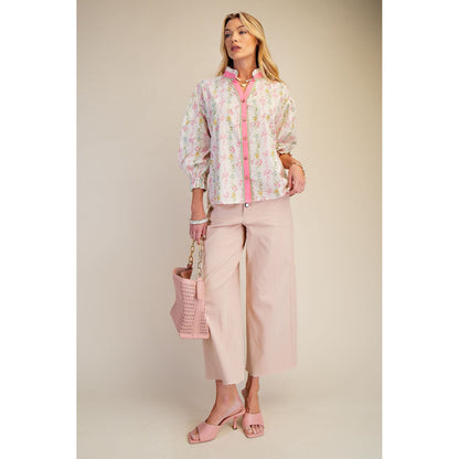Easel - Floral Printed, Stretch Poplin Button Down Top 9158 - Pink