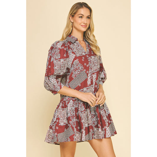 Pinch - Printed, Tiered, Mini Dress 6240 - Burgundy