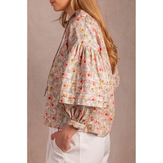BYC - Printed, Cotton, Peasant Blouse w Knotted String, Top 1102 - Cream