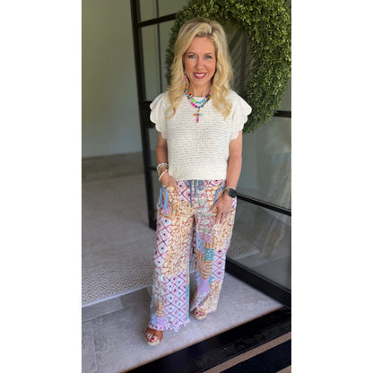 Pink Latte, Patchwork Print Wide Leg Pants 7958