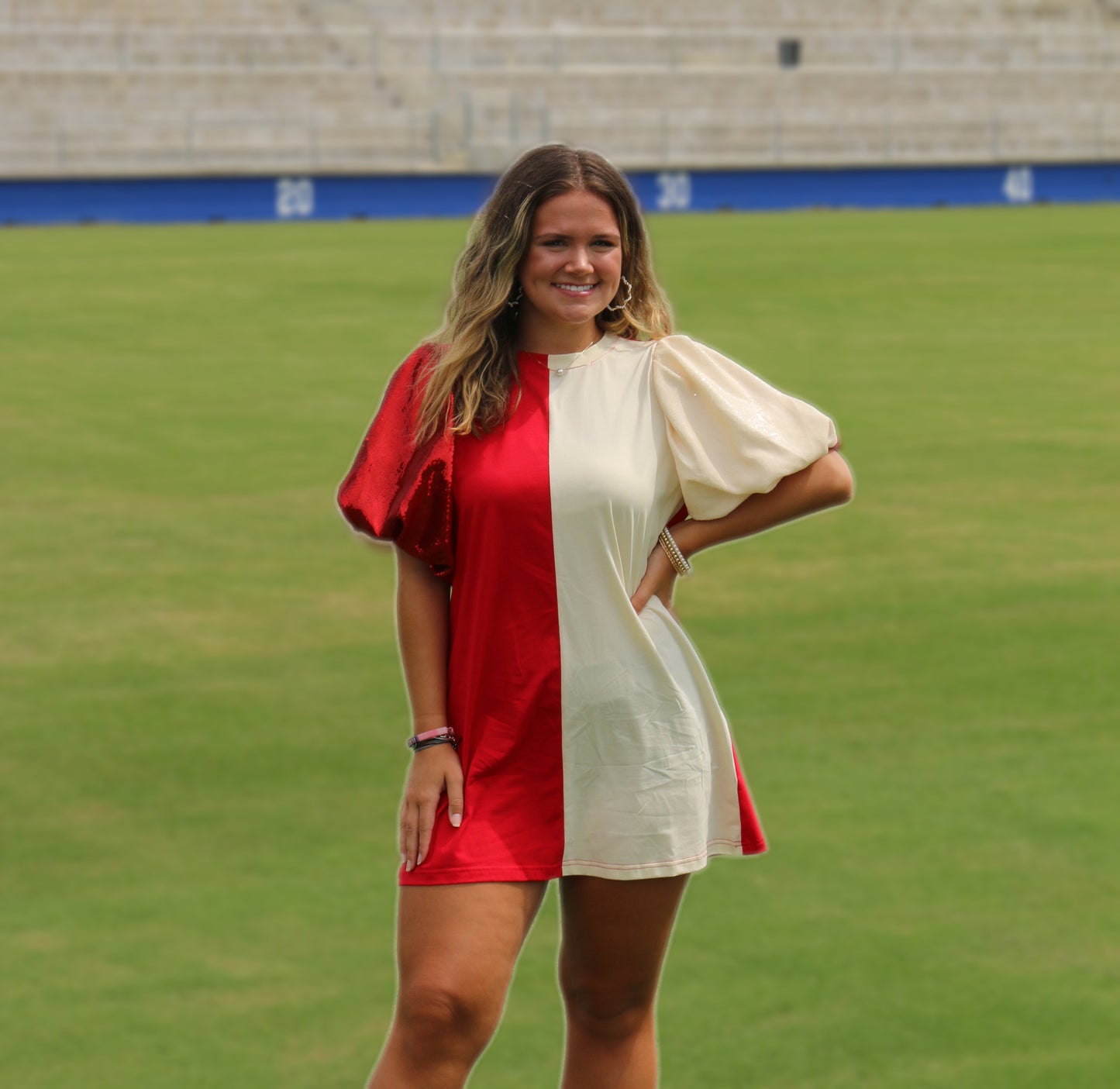 Queen of Sparkles - Colorblock Sequin Sleeve Dress 3184 - Ivory / Crimson