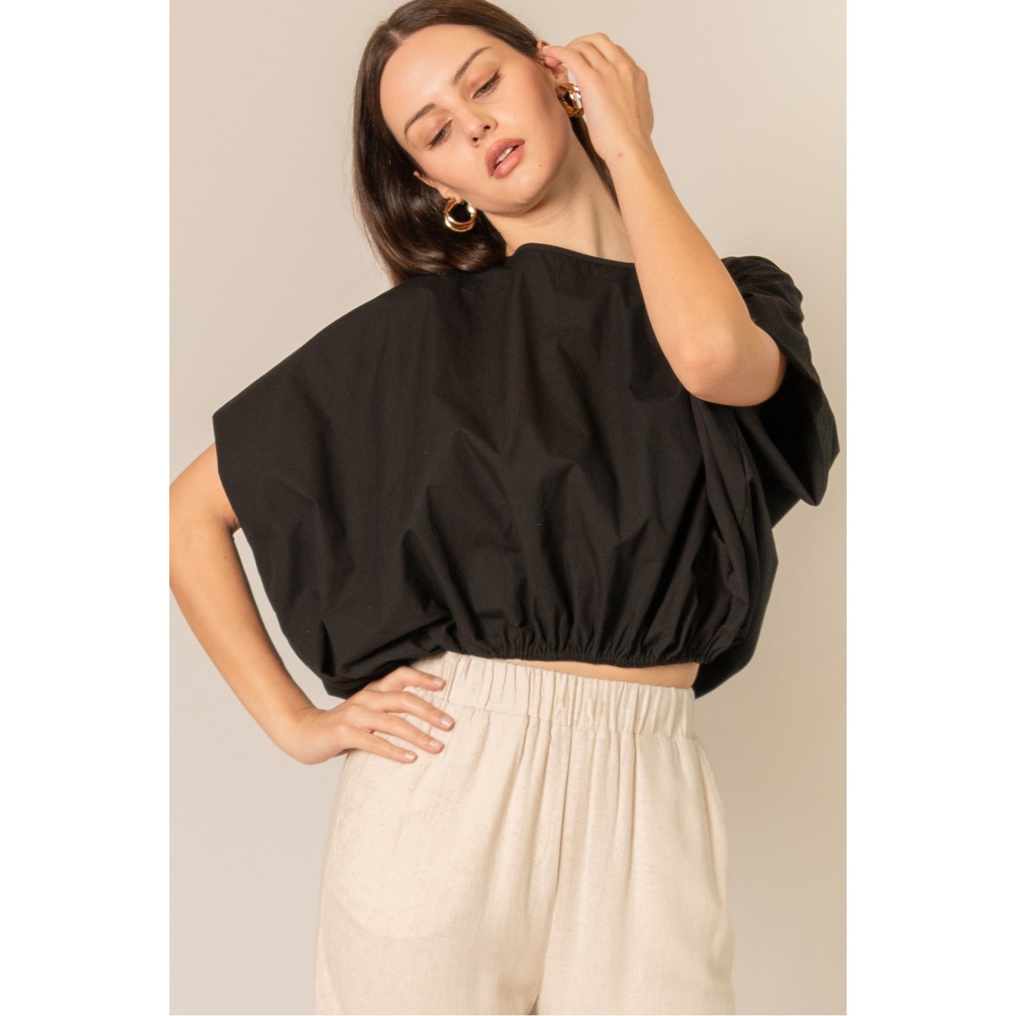 P.Cill Black Billowy Poplin Crop Top – Back Tie Detail 0533