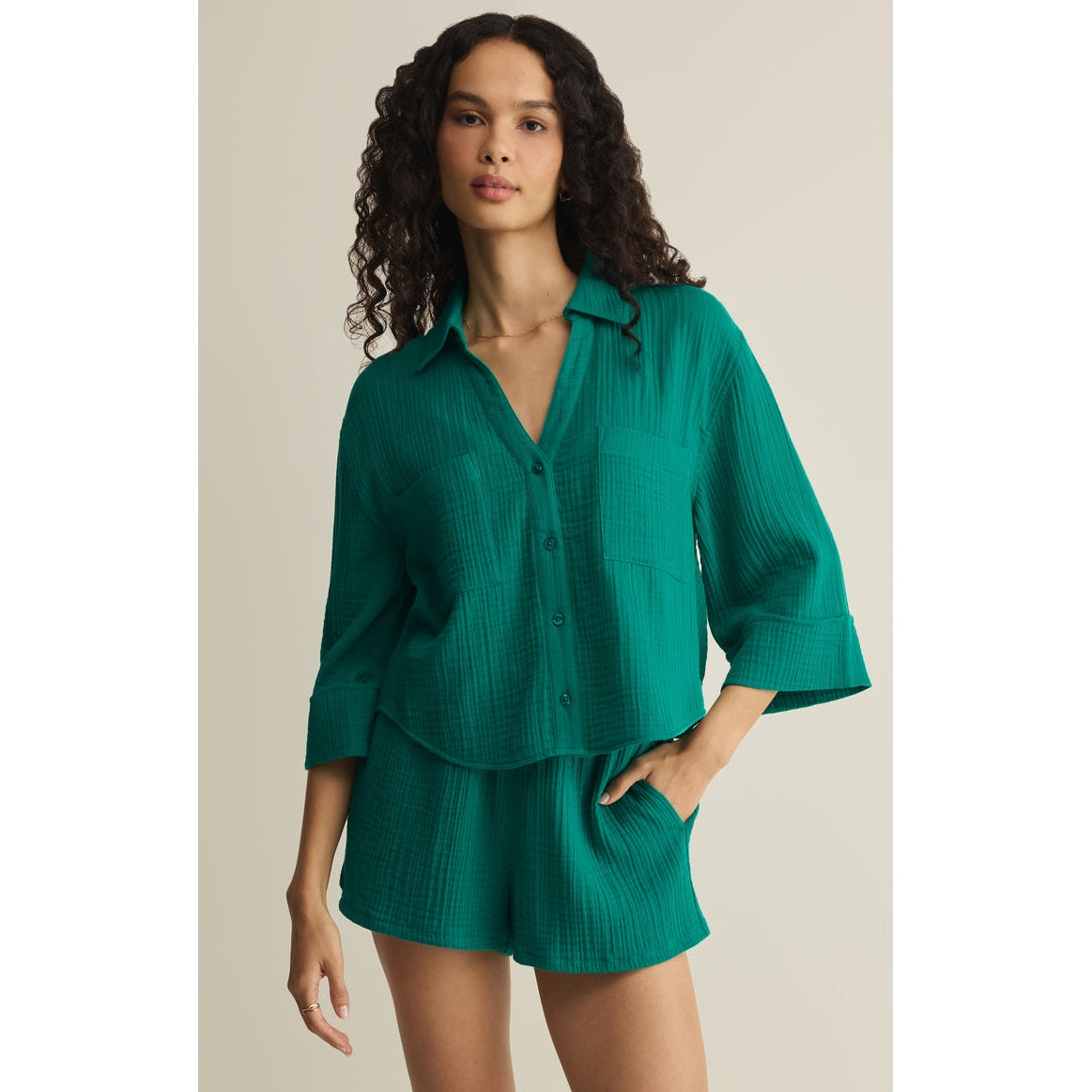 Helena Airy Gauze Button Up – Rainforest  (Pairs with Daylight Shorts)