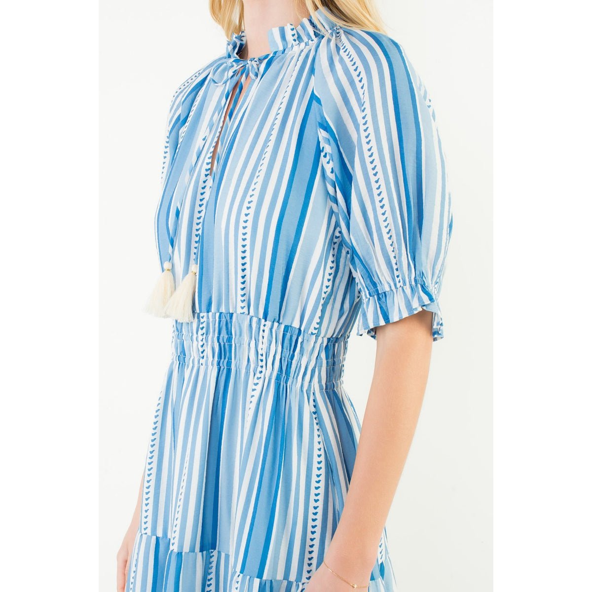 THML - Puff Sleeve, Striped Pattern, Midi Dress 3431 - Blue