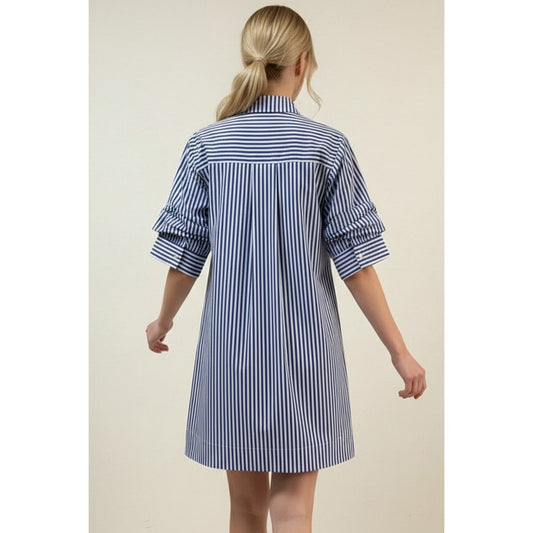 Blue Striped Pleated Sleeve Mini Dress 7062
