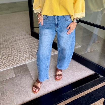 Washed Denim Barrel Jeans | Stretch Relaxed Fit - Washed Denim