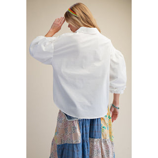 Easel 3/4 Sleeve Balloon Sleeve Poplin Button Down Top – White