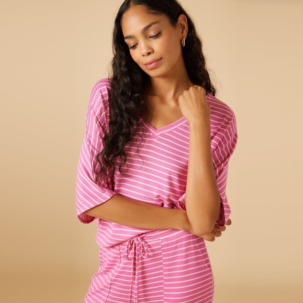 Softies - Fuchsia Striped, Dream Relaxed V-neck with Capri Lounge Set