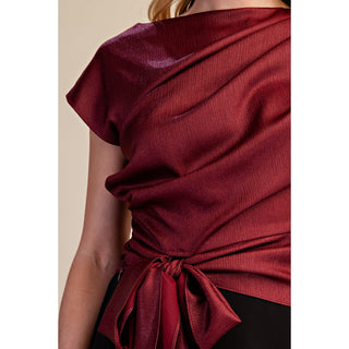 Burgundy Asymmetrical Neck Waist-Tie Blouse Top 8272 - Burgundy